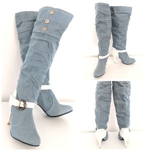 Knee High Heel Light Blue Jeans Boots Faux Leather Y2K